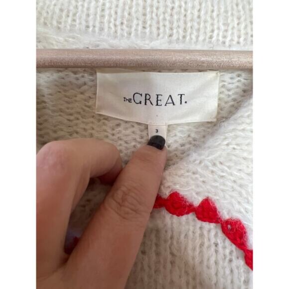 NEW The Great. Crochet Collar Mid-Weight Knit Long Sleeve Soft White Cherry - Picture 4 of 7